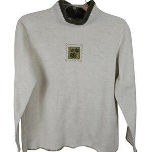 Attraction Women's Cream White Green Floral Long Sleeve Mock Neck Sherpa Sweater